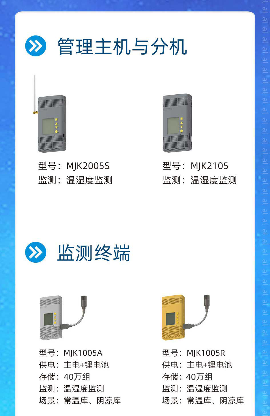 志翔領(lǐng)馭MJK2005系列溫濕度監(jiān)測系統(tǒng)包括MJK2005S溫濕度監(jiān)測主機(jī)、MJK2105溫濕度監(jiān)測分機(jī)、MJK1005A溫濕度監(jiān)測終端、MJK1005R分壓終端等